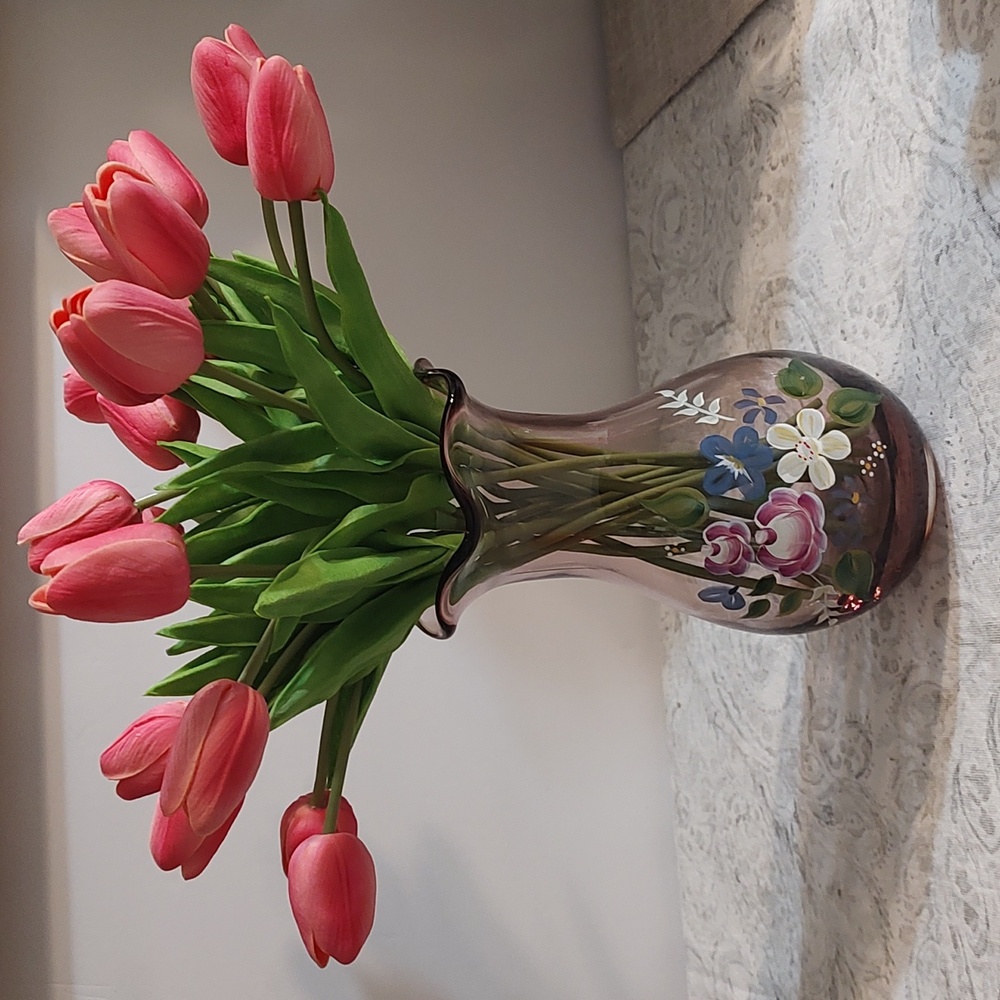 Fenton Vase Purple Amethyst Glass Floral Painted Ruffle Lip Vintage Teleflora